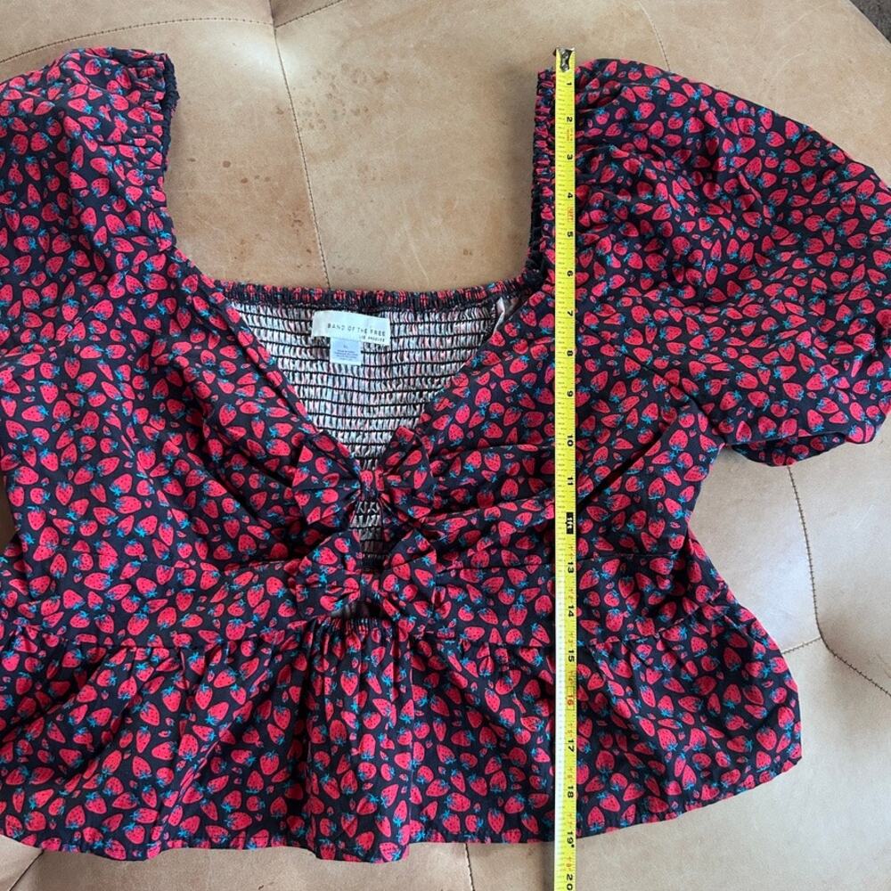 Strawberry Print Bow Front Puff Sleeve Peplum Crop Top Romantic Cottagecore XL - Picture 7 of 10